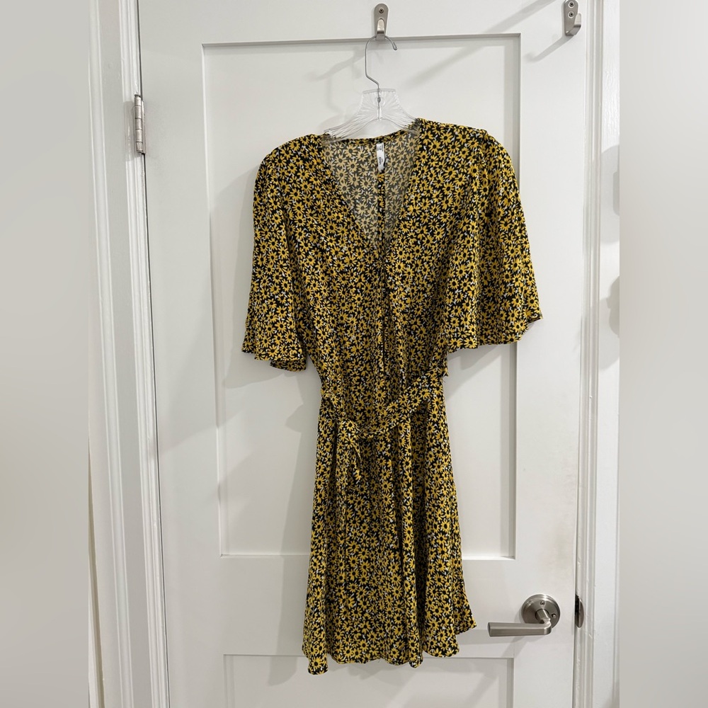 MNG Suit (mango) black + yellow floral wrap v neck dress